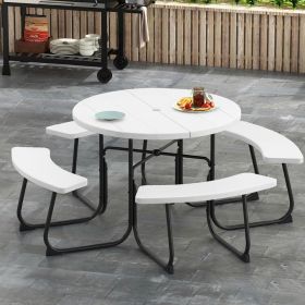 8-Person Outdoor Picnic Table and Bench Set with Umbrella Hole (Color: White)
