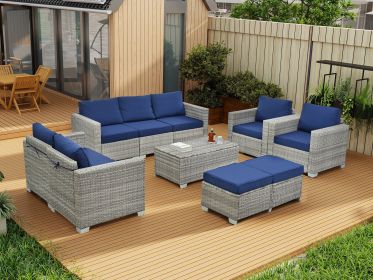 10 Piece PE Rattan Patio Furniture Set, Sectional Sofa Set, Outdoor Patio Furniture Set With Cushions & Tempered Glass Coffee Table (Main Material: PE Rattan+Iron+Waterproof Fabric, Main Color: Antique White+Gray)